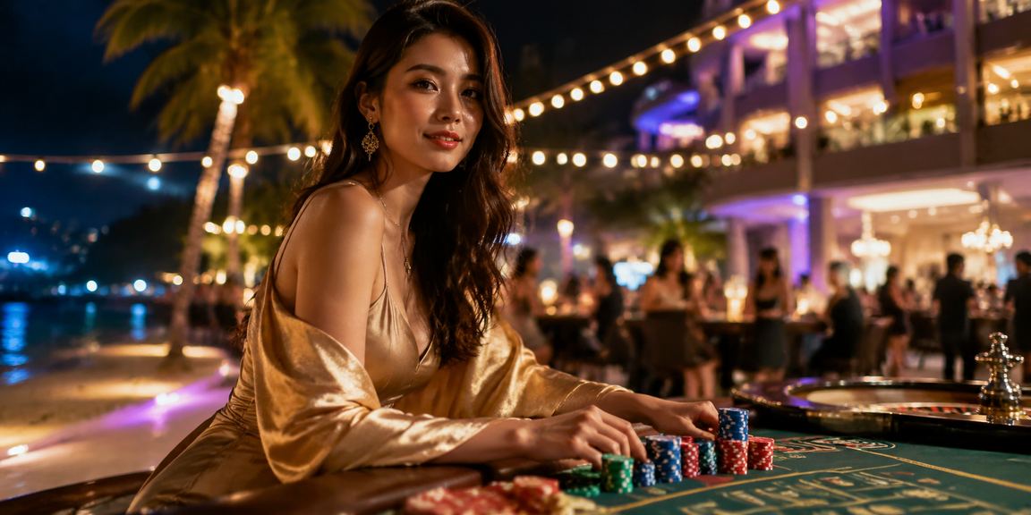Màn hình slot game tại Phú Quốc với nền biển xanh và ánh nắng chiều